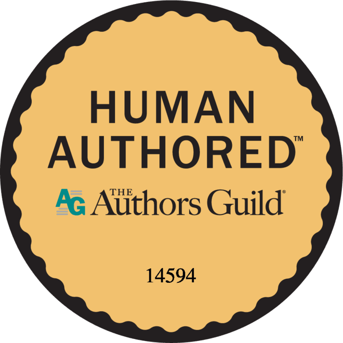 Yellow seal with black text stating 'HUMAN AUTHORED' and the logo of The Authors Guild.