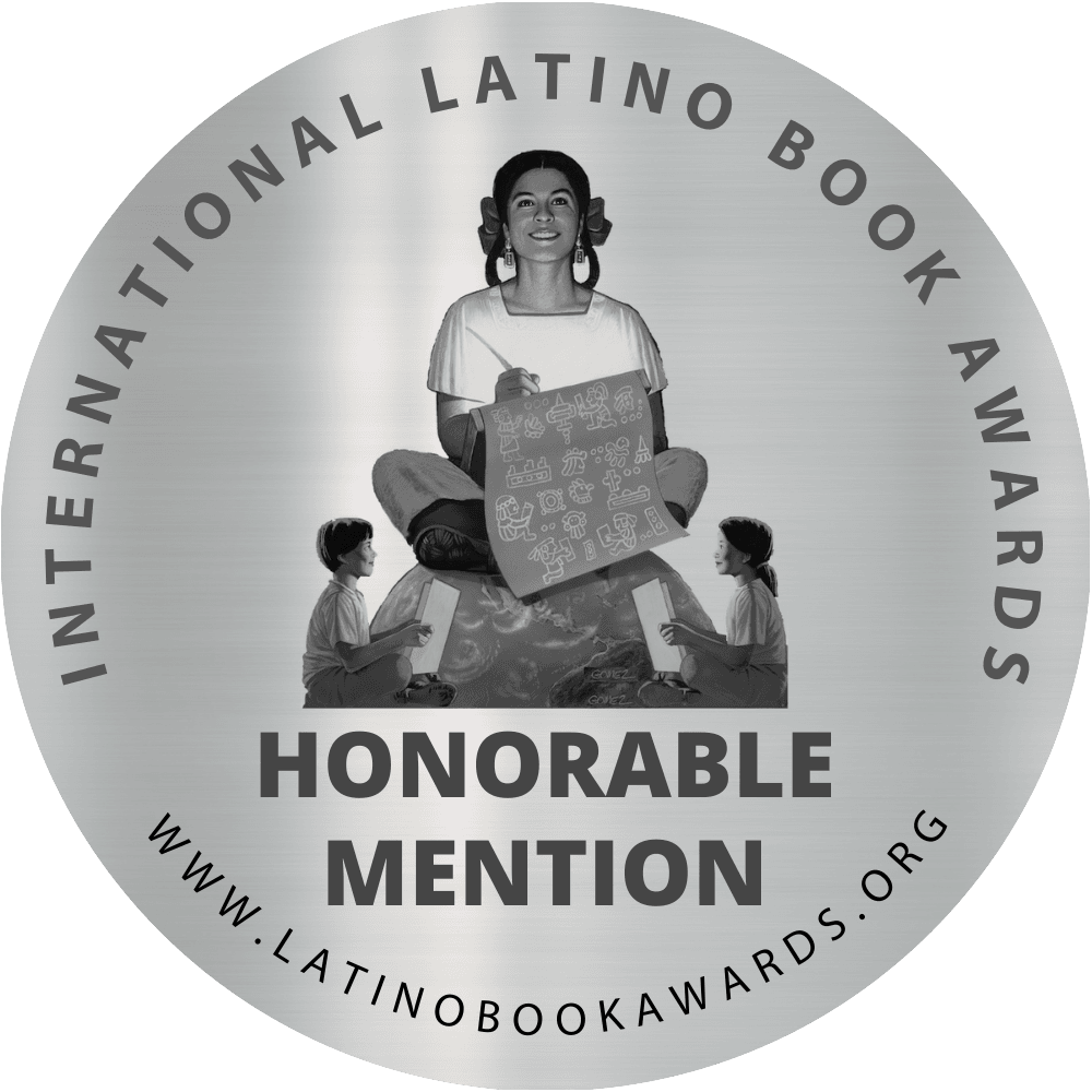 Logo for the International Latino Book Awards featuring the text 'Honorable Mention' and an illustration of a person holding a board.