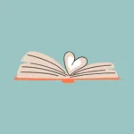 Logo for At the Heart of the Story newsletter, an open book with pages forming a heart